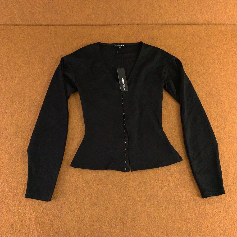 Fashion Nova Womens Size XXS Black Ponte Long Sleeve‎ V Neck Step It Up Top NWT